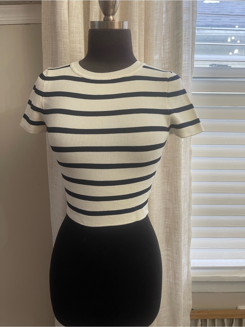 Zara White and Black Striped Short-Sleeve Crop Top